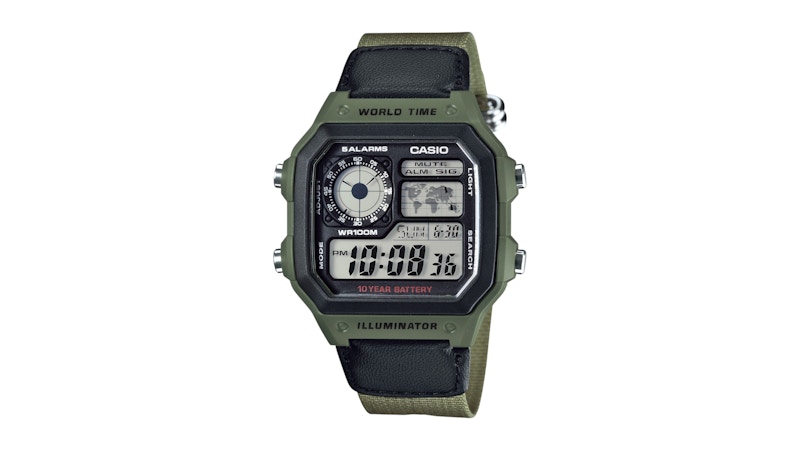 Casio Men’s Digital World Time Watch with Black Dial and Green Band AE1200WHB3BV in Nylon