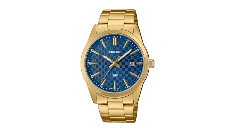 Casio Men’s Gold Analog Watch with Blue Pattern Dial and Date Display MTPVD03G2A in Stainless Steel