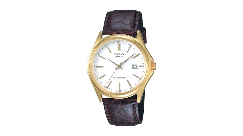 Casio Men’s GoldTone Analog Watch with White Dial and Brown Strap MTP1183Q7A in Leather