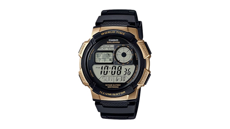 Casio Men’s/Unisex GoldTone Digital World Time Stainless Steel Bracelet Watch AE1000W1A3V in Rubber