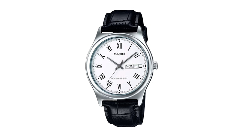 Casio Men’s White Roman Dial Day Date Analog Watch with Strap MTPV006L7BUDF in Leather