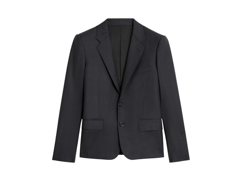 Pre-owned Celine Women's 2 Button Notch Collar Striped Wool Short Jacket In Navy Blue/craie