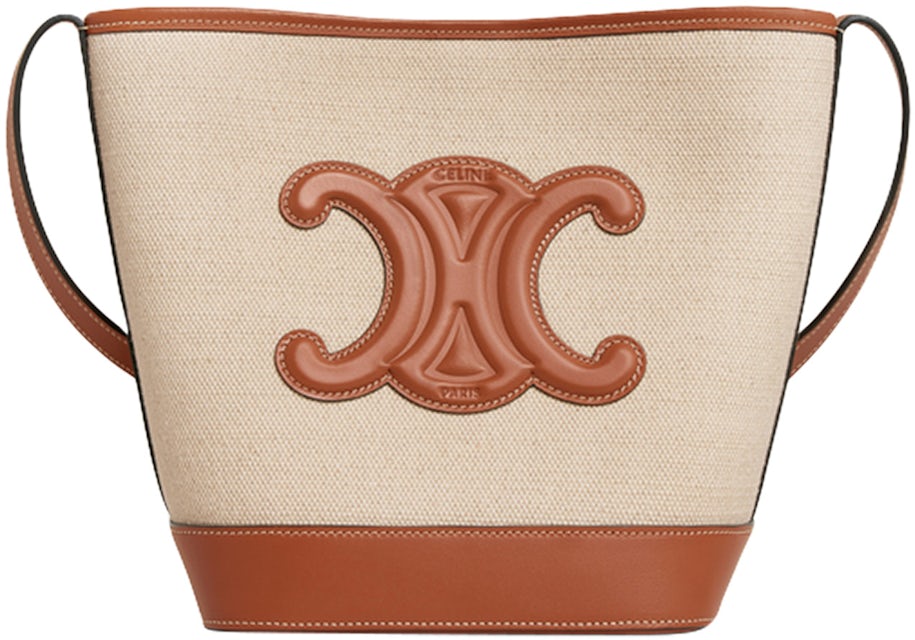 CELINE Triomphe Canvas Calfskin Small Drawstring Bucket Bag Tan