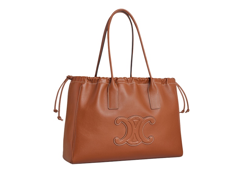 Celine Cabas Drawstring Triomphe Embroidery Tan in Smooth Calfskin