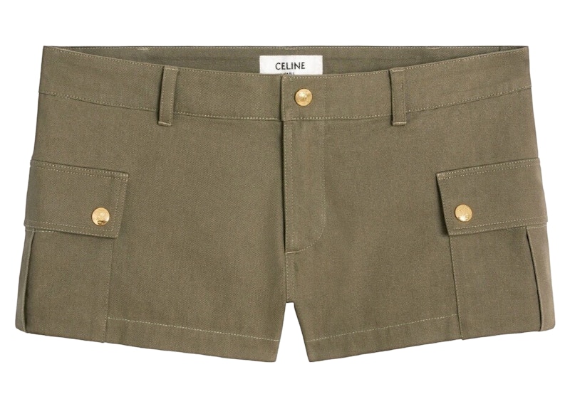 Pre-owned Celine Women's Cargo Cotton Mini Shorts In Khaki In Brown