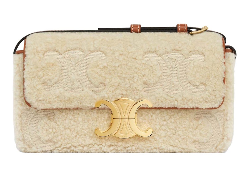 Pre-owned Celine Women's Claude In Shearling With Triomphe Embroideries Shoulder Bag In Natural/tan