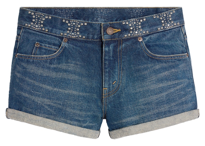 Pre-owned Celine Women's Denim Mini Shorts In Clean Dark Union Wash In Blue
