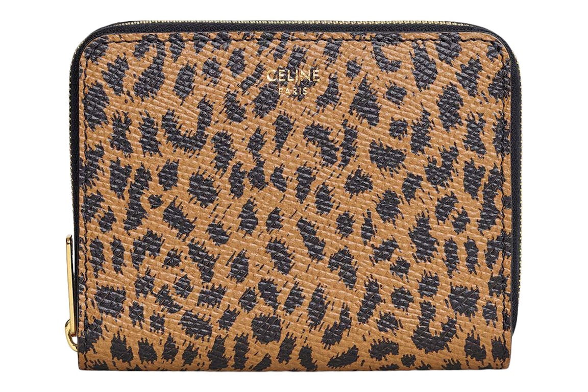 Pre-owned Celine Compact Wallet In Grained Calfskin With Leopard Print Brown/black