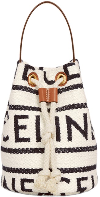 Celine Teen Drawstring In Textile With Celine All-Over and Calfskin  White/Black in Canvas/Calfskin Leather with Gold-tone - US