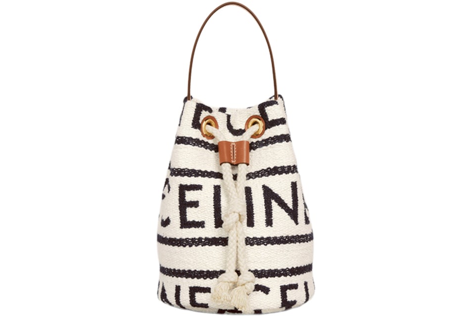 Celine Teen Drawstring In Textile With Celine All-Over and Calfskin  White/Black in Canvas/Calfskin Leather with Gold-tone - US