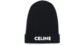 Celine Embroidered Knit Loose Fit Wool Beanie Black