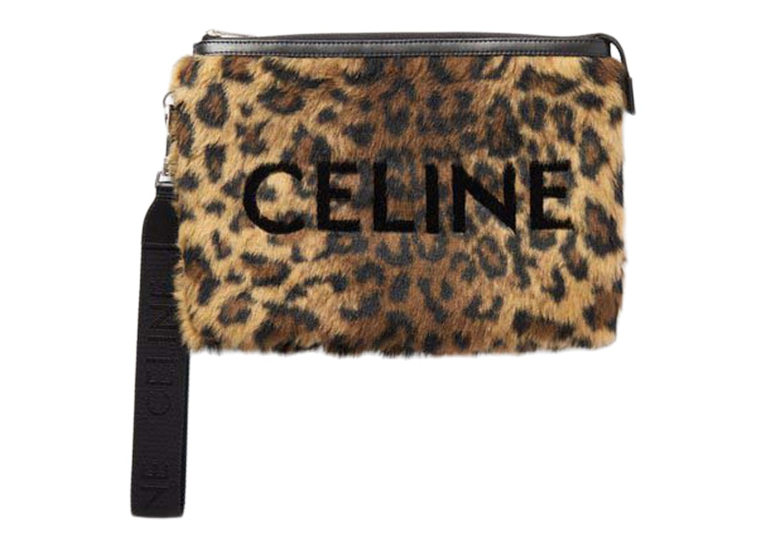 Pre-owned Celine Small Logo-flocked Leopard-print Faux Fur Pouch Natural/black