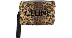 Celine Small Logo-Flocked Leopard-Print Faux Fur Pouch Natural/Black