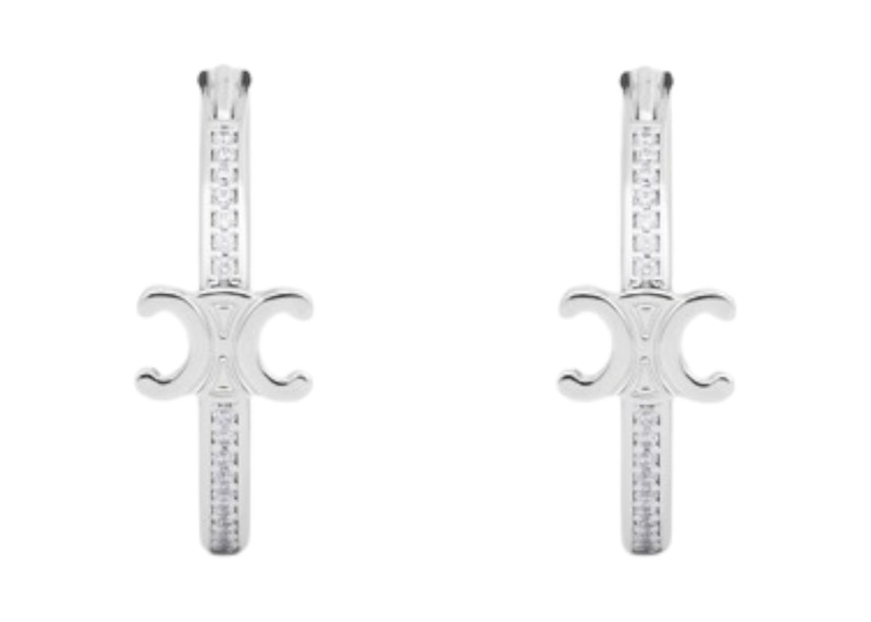 Celine Strass and Brass with Rhodium Finish Triomphe Sparkle Hoops Silver