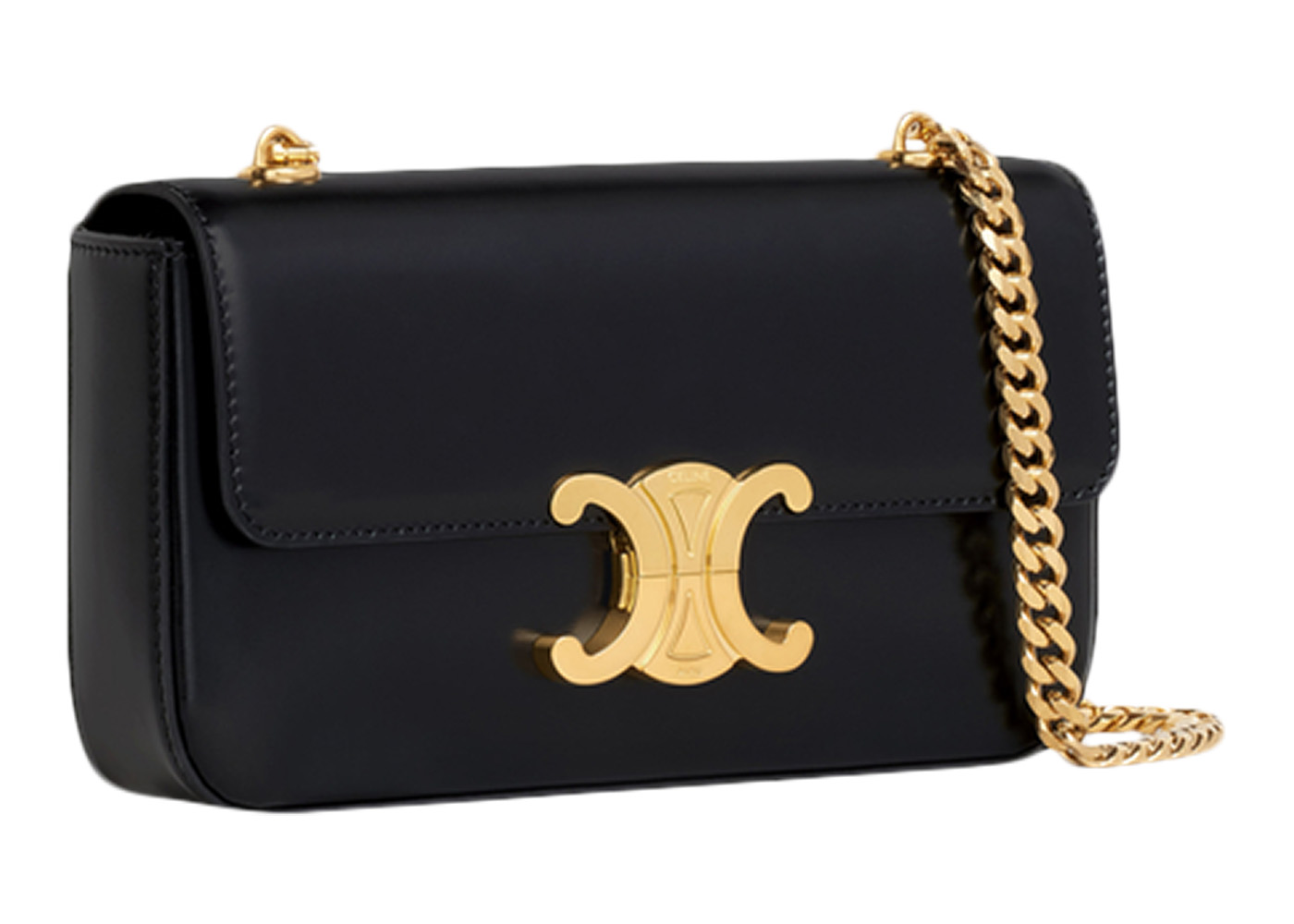 Celine Triomphe Chain Shoulder Bag Black in Shiny Calfskin Leather ...