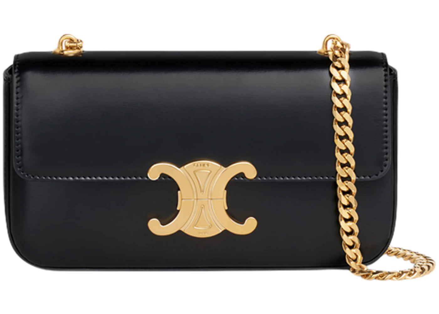 Celine Triomphe Chain Shoulder Bag Black in Shiny Calfskin Leather