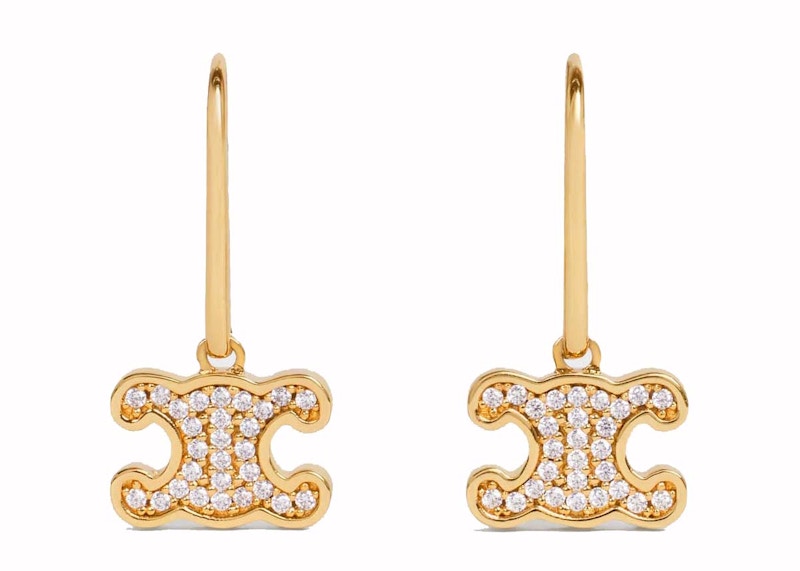 Celine Triomphe Rhinestone Earrings in Brass with Gold