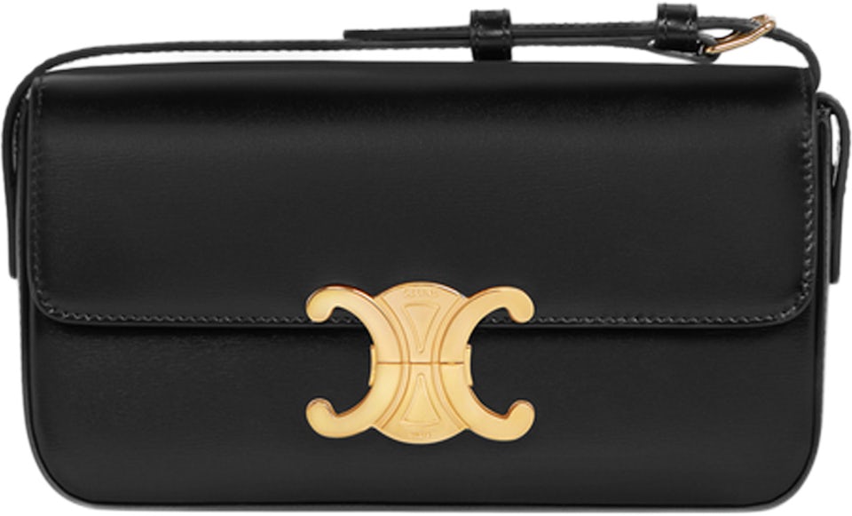 Celine Triomphe Shoulder Bag Black in Shiny Calfskin Leather with