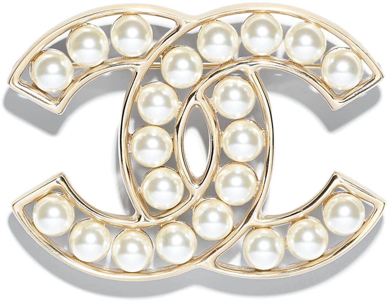 CHANEL 2019 GOLDEN TONE CC LOGO WHITE CRYSTALS ROUND BROOCH PIN CHARM –  Miami Lux Boutique