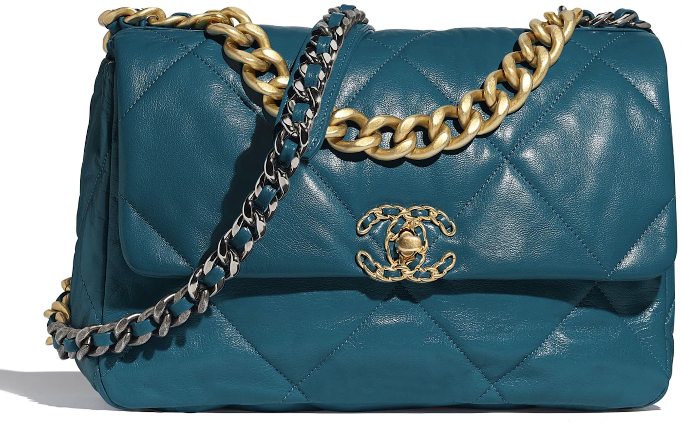 Chanel 19 Flap Bag Goatskin Gold/Ruthenium-tone Turquoise in Goatskin with  Gold/Ruthenium-tone - GB