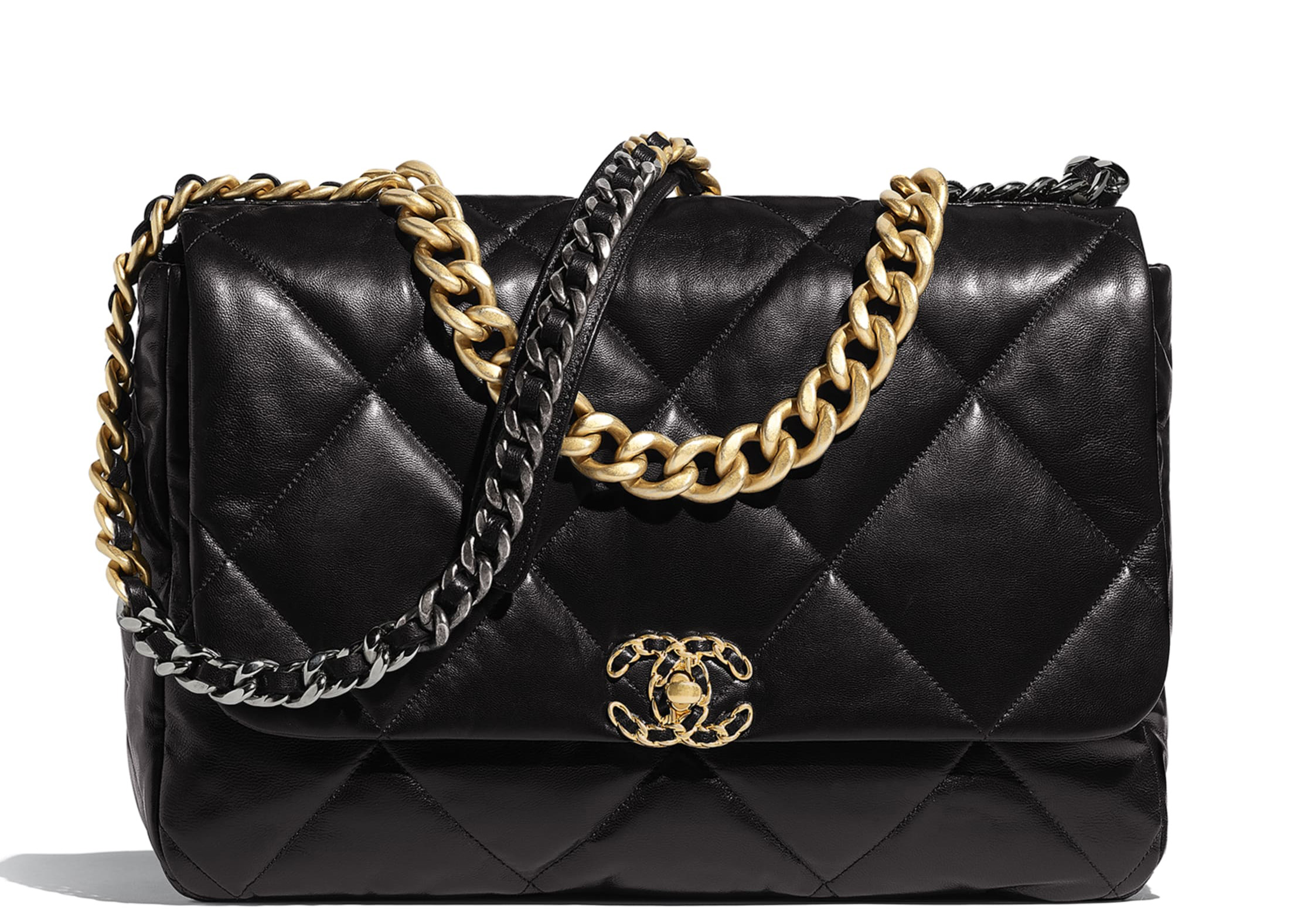 Chanel 19 large handbag Shiny lambskin goldtone silvertone   rutheniumfinish metal black  Fashion  CHANEL