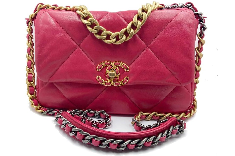 Chanel 19 Flap Bag Large Dark Pink in Lambskin with Gold/Silver/Ruthenium- tone - US
