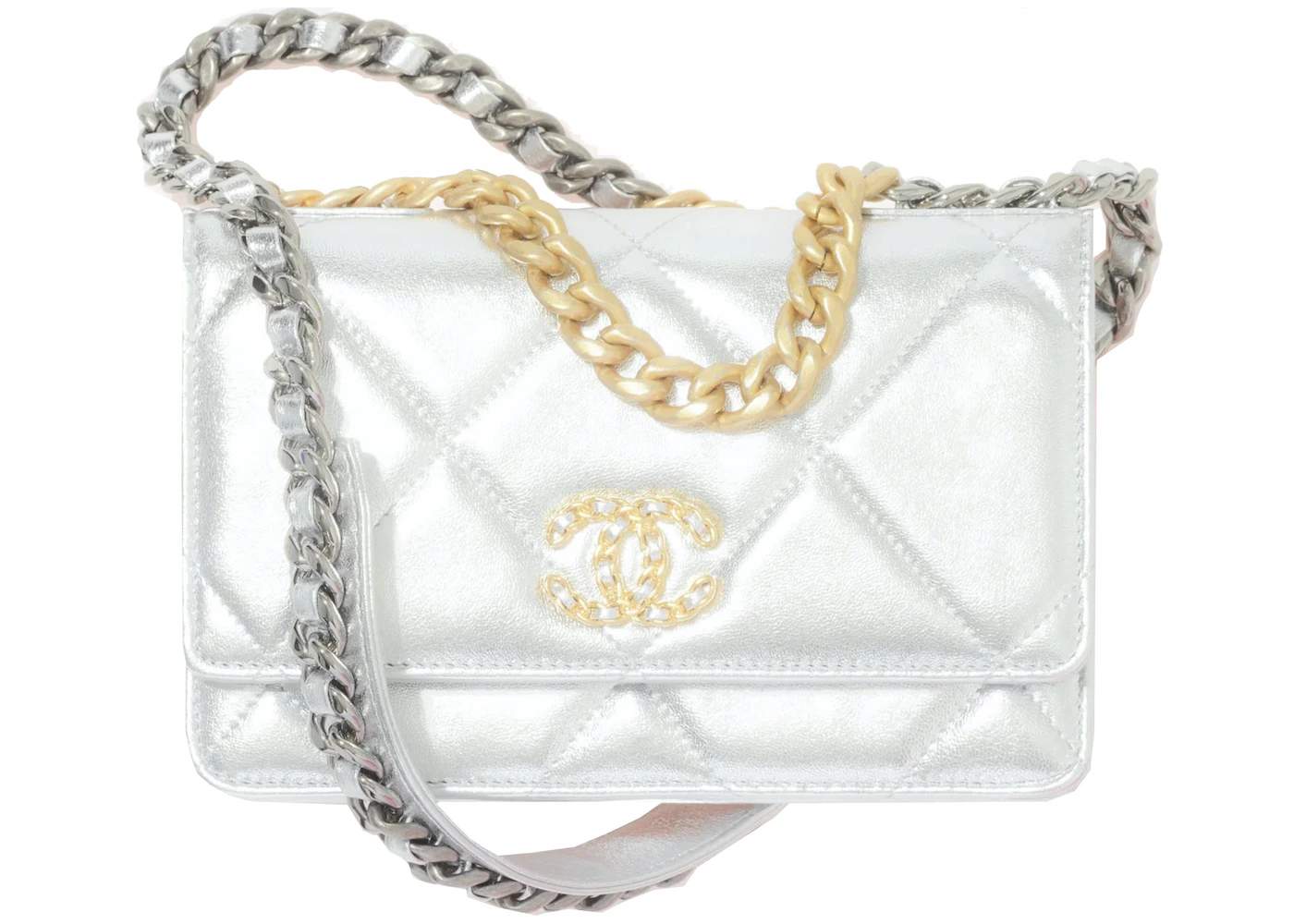 CHANEL Lambskin Quilted Chanel 19 Wallet On Chain WOC Beige