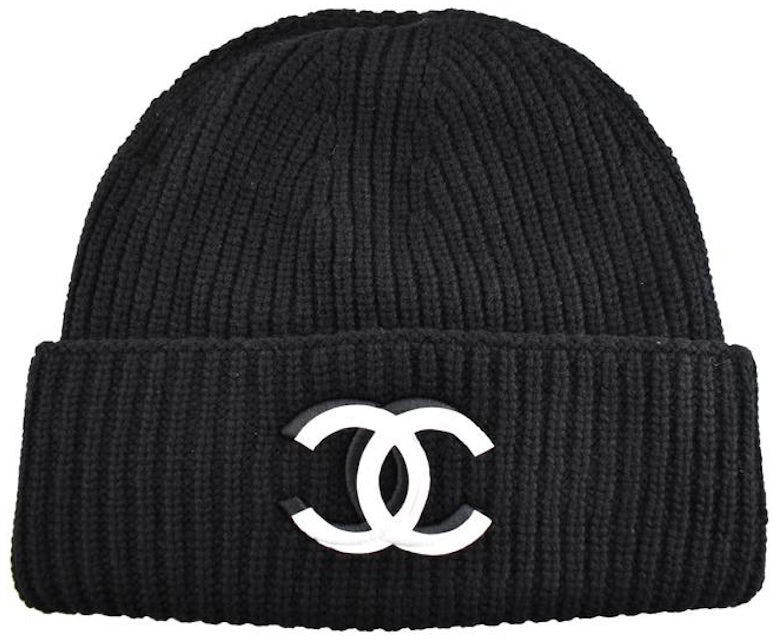 Chanel 21K Cashmere Wool CC Logo Knit Beanie Flap Hat Black in Cashmere  Wool with Silver-tone - US