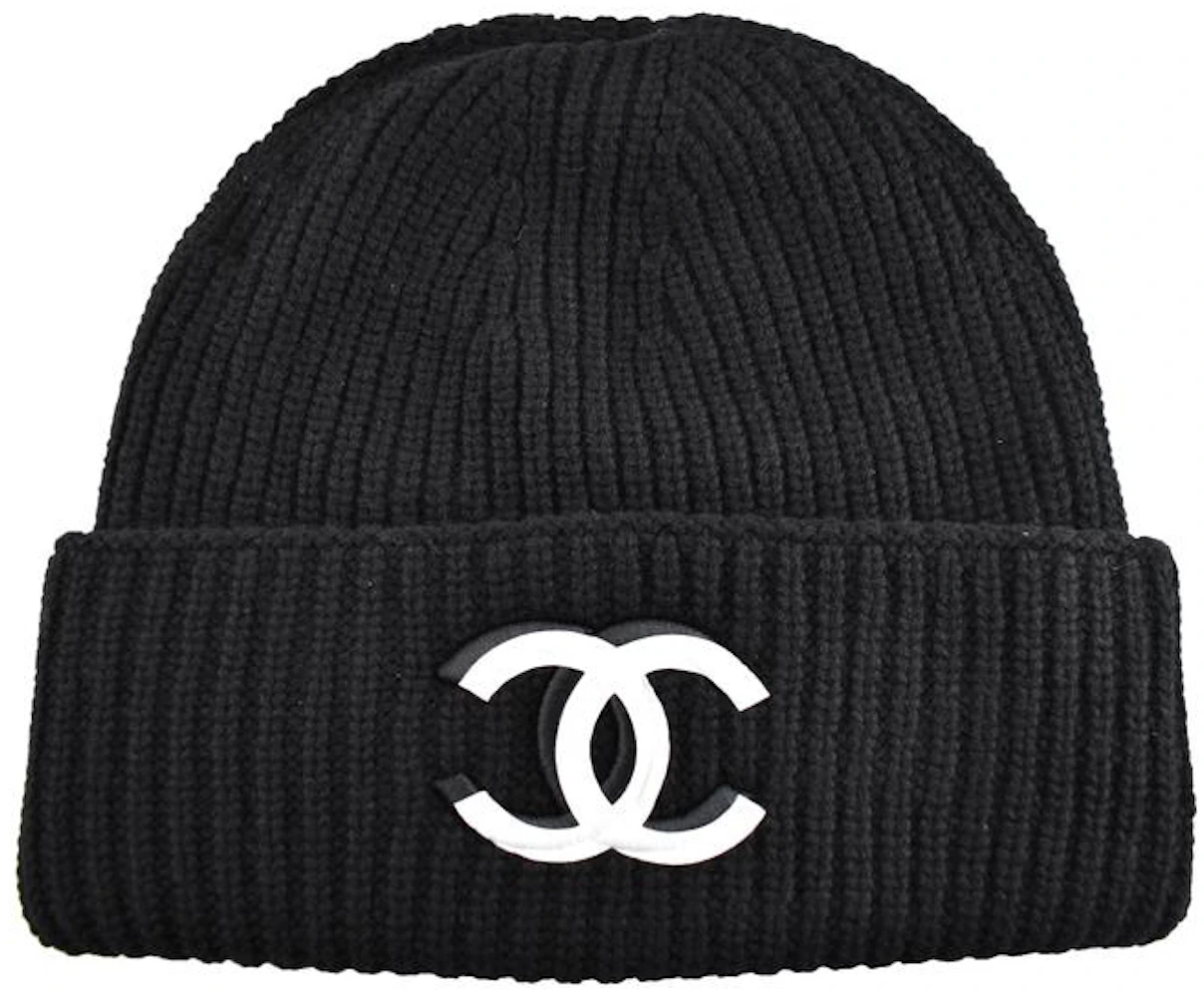 Chanel 21K Cashmere Wool CC Logo Knit Beanie Flap Hat Black in
