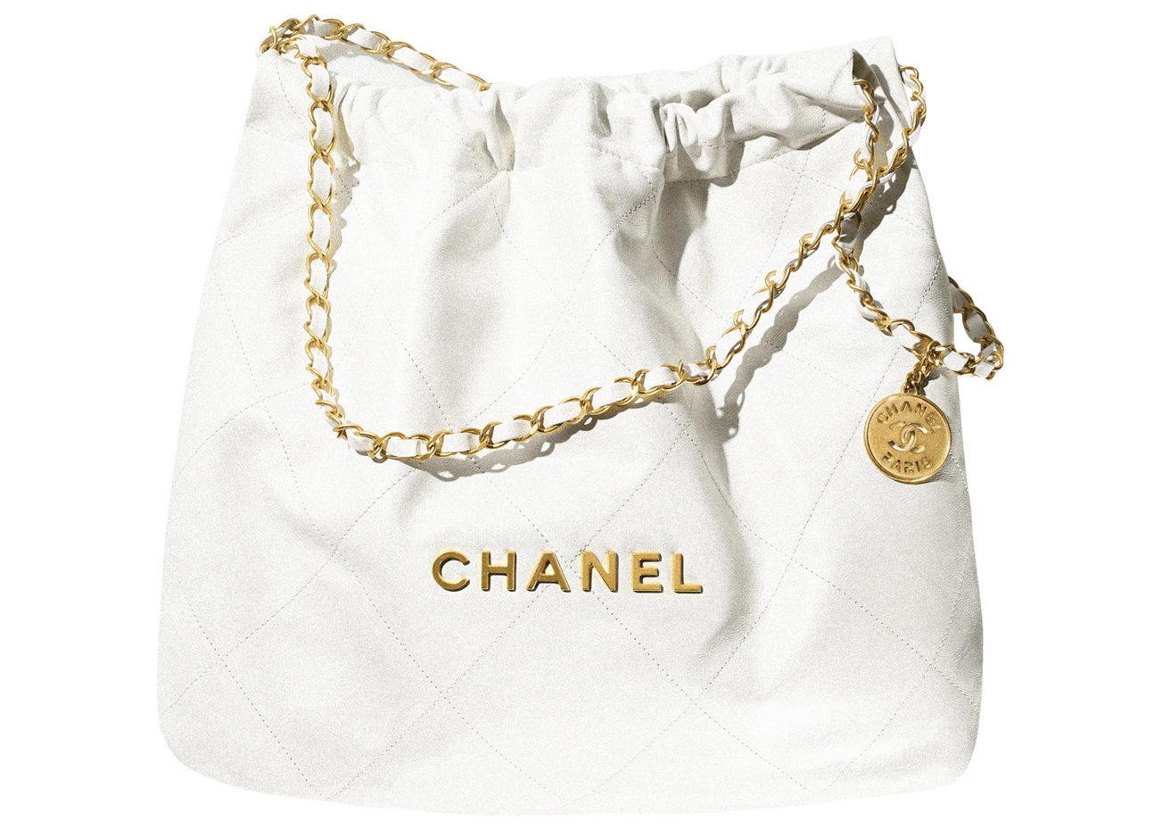 Chanel 22 Handbag 22S Calfskin White/Gold Logo in Calfskin Leather ...