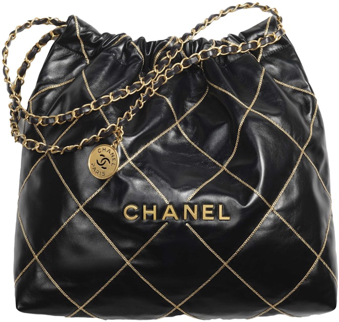 Chanel 22 Handbag 23B Shiny Calfskin Black Chain Quilt in Shiny