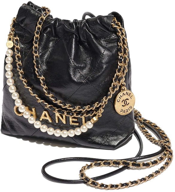 Chanel 22 Handbag Mini 23S Shiny Crumpled Calfskin Black with Pearl Chain  in Shiny Crumpled Calfskin with Gold-Tone - US