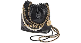 Chanel 22 Handbag Mini 23S Shiny Crumpled Calfskin Black with Pearl Chain
