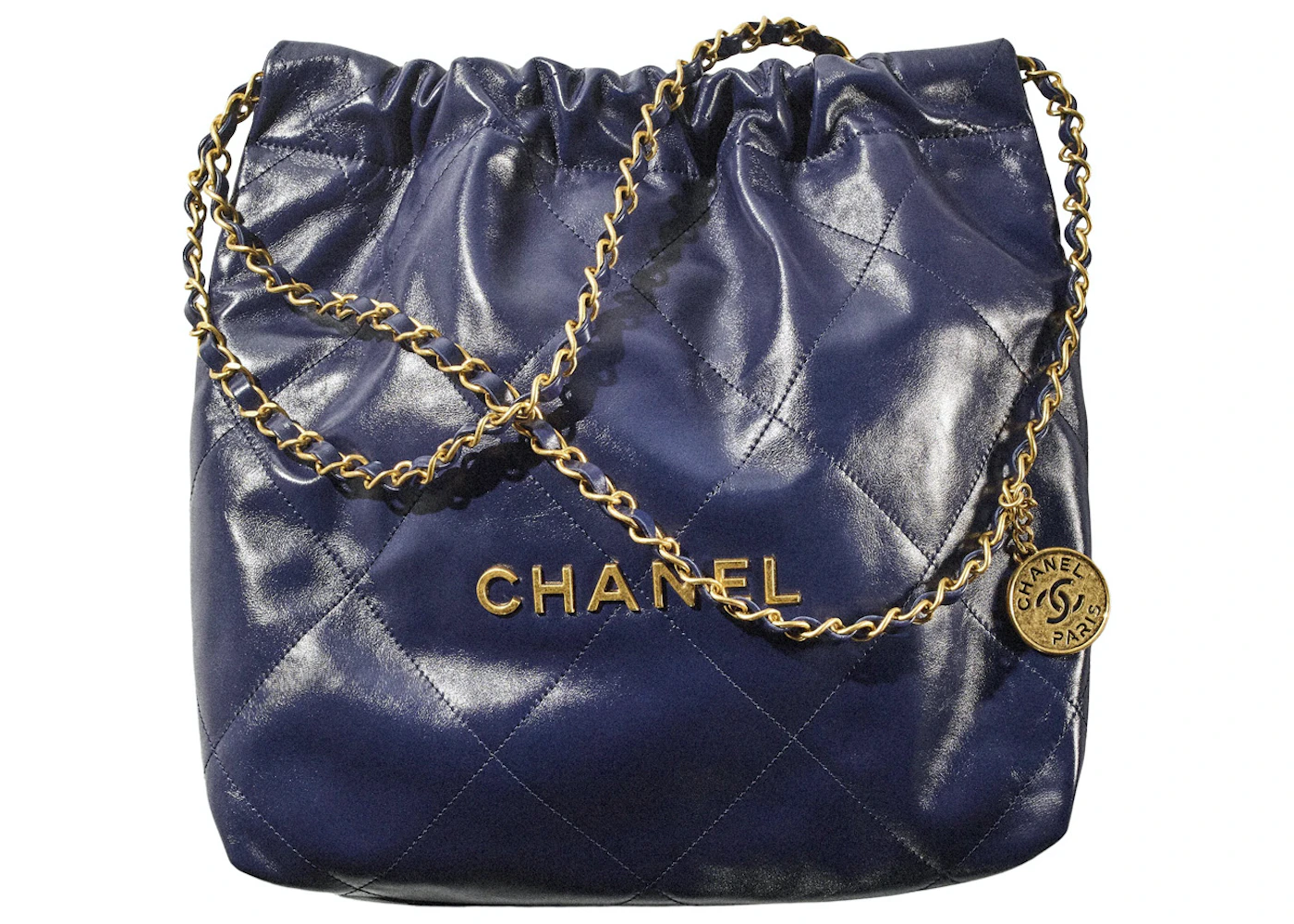 CHANEL Metallic Calfskin Quilted Small Chanel 22 Navy Blue 1076844