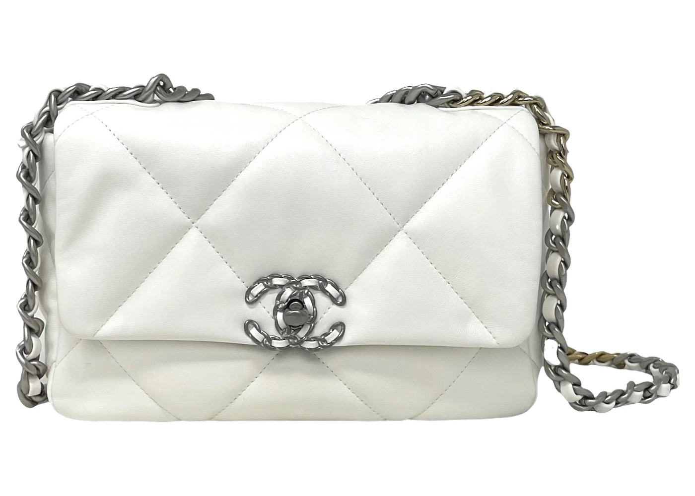 Chanel 22S Lambskin Chanel 19 Flap Bag Crossbody Bag Small White in Lambskin  Leather with Silver-tone - GB