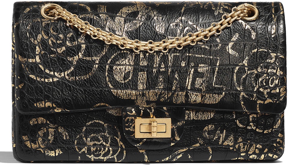 Chanel 2.55 Handbag Crocodile Embossed Printed Leather Gold-tone Black/Gold  in Leather with Gold-tone - US