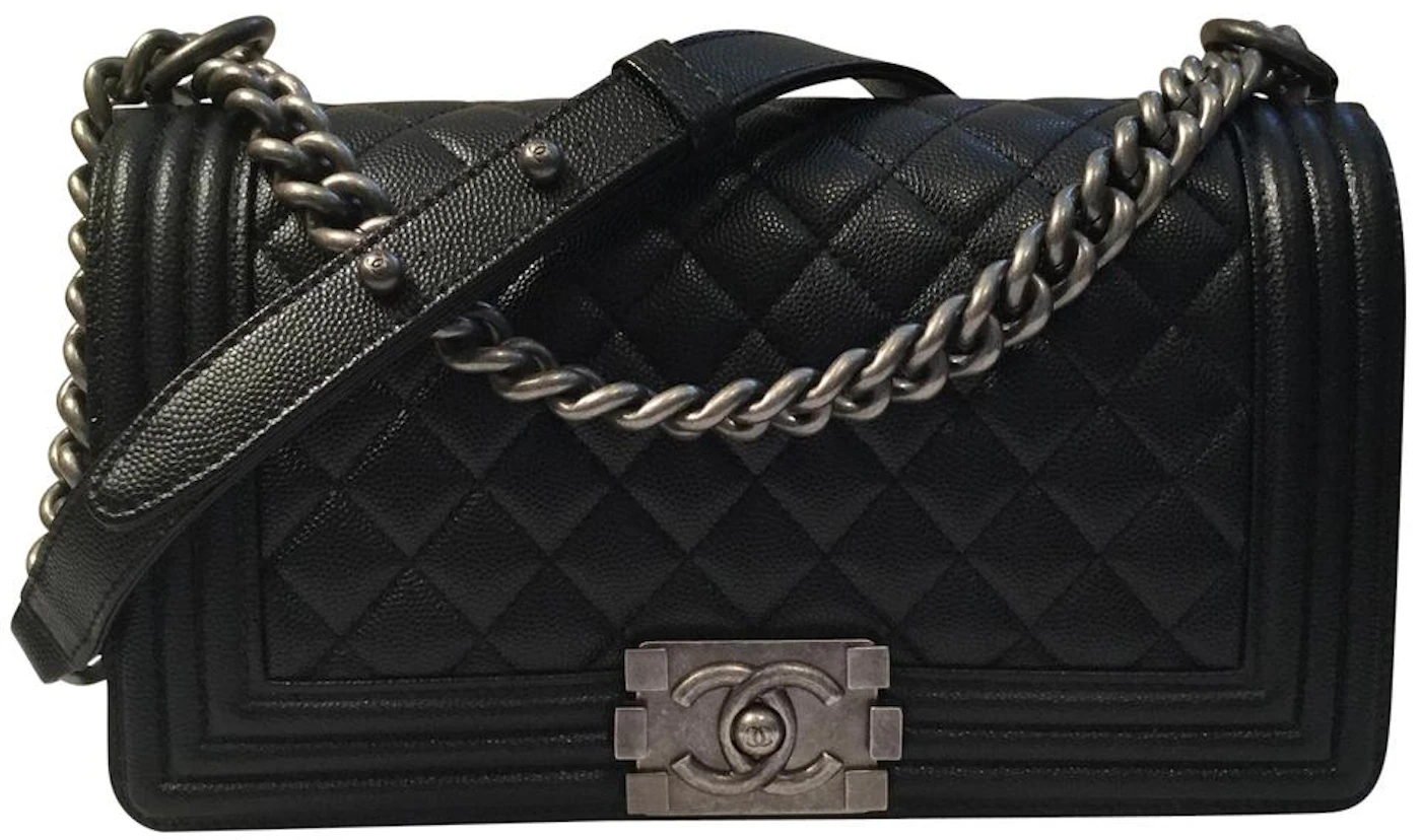 Chanel Boy Quilted Caviar Silver-tone Old Medium Black in Caviar with - US