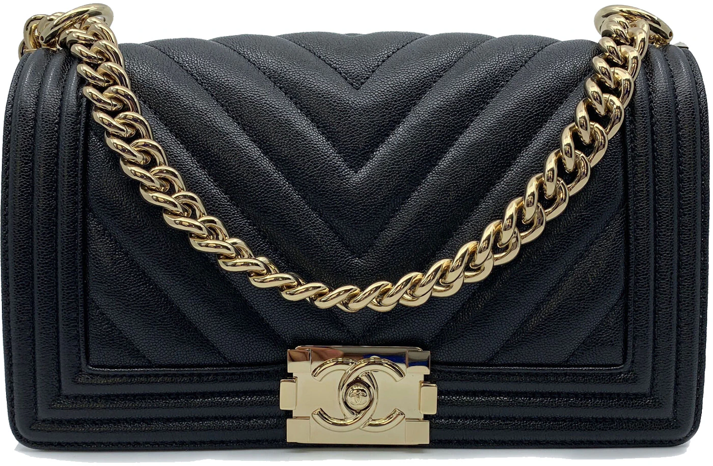 Chanel Boy Chevron Quilted Caviar Gold-tone Medium Black in Caviar with  Gold-tone - US