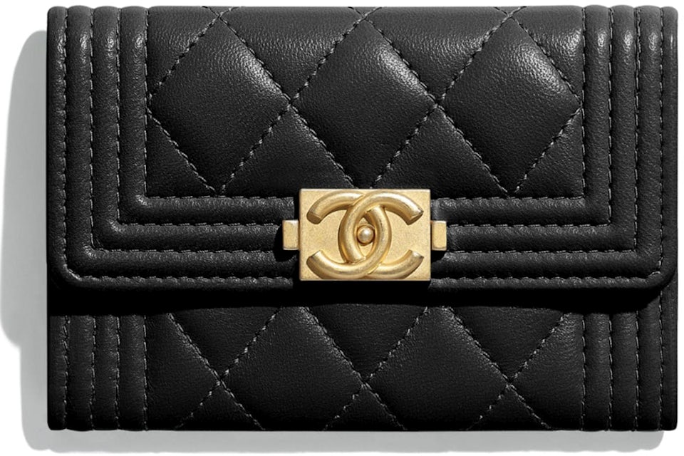 Chanel Boy Flap Card Holder Quilted Lambskin Gold-tone Black in