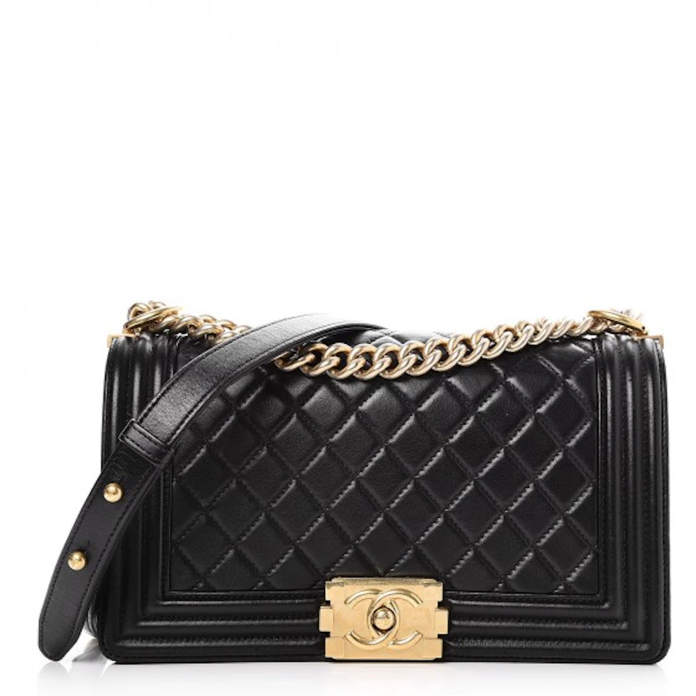 Chanel Boy Flap Quilted Lambskin Aged Gold-tone Medium Black in ...