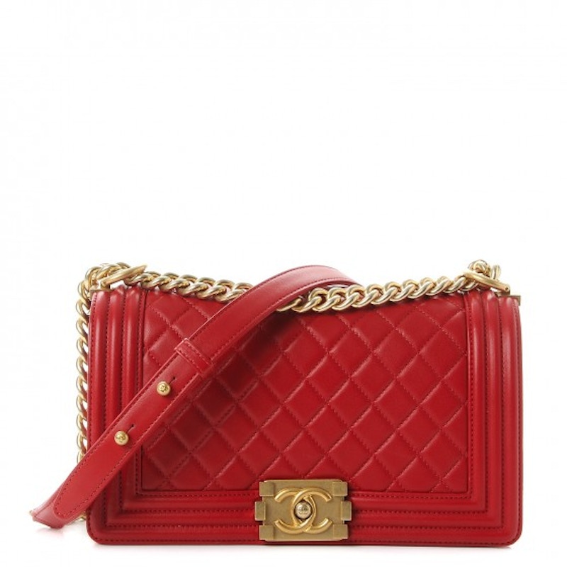 Chanel Boy Flap Quilted Diamond Medium Red in Lambskin with Matte Aged
