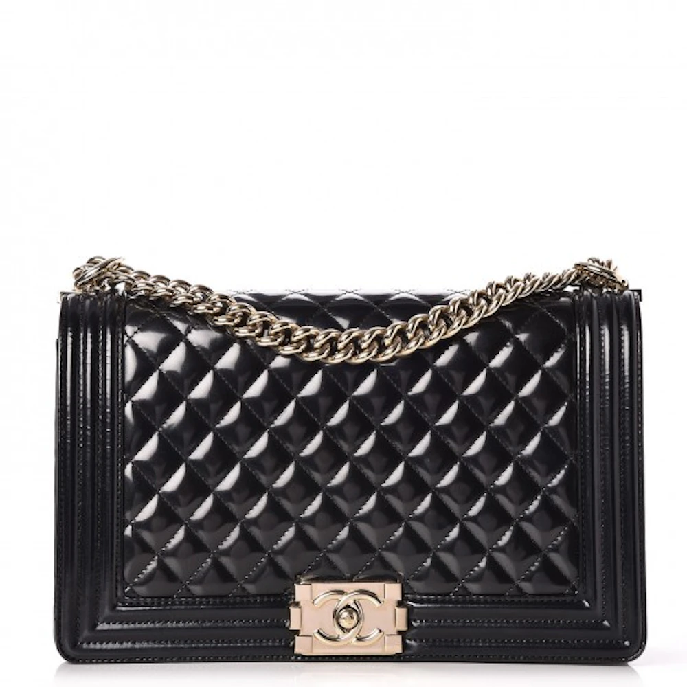 Chanel Boy Flap Quilted Patent Leather Gold-tone New Medium Black in ...