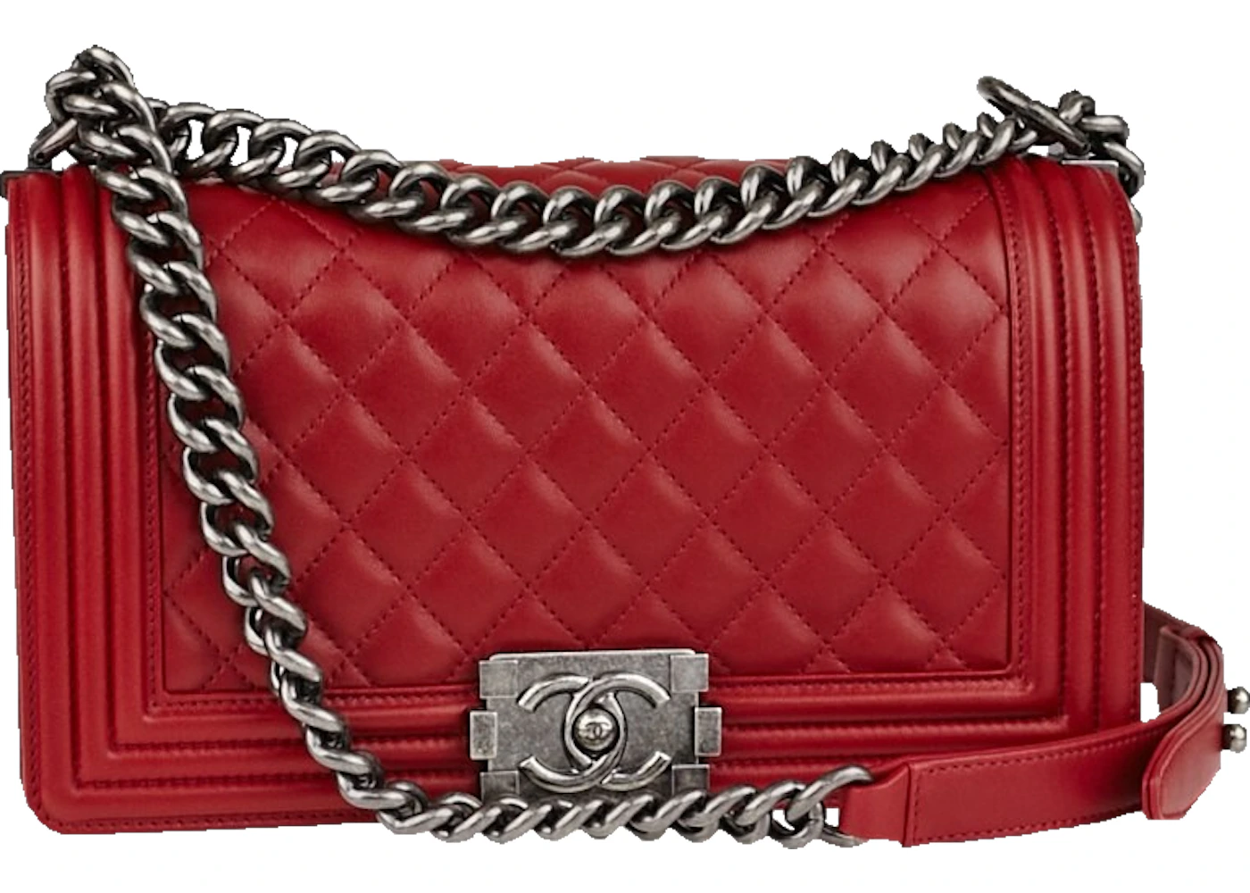 Chanel Boy Flap Quilted Lambskin Ruthenium Medium Red - US