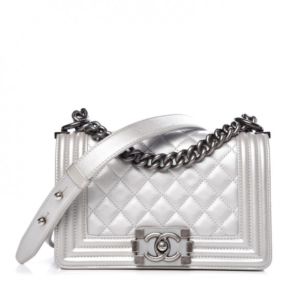 Chanel Silver Metallic Perforated Lambskin Large Boy Bag  myGemma  Item  115454