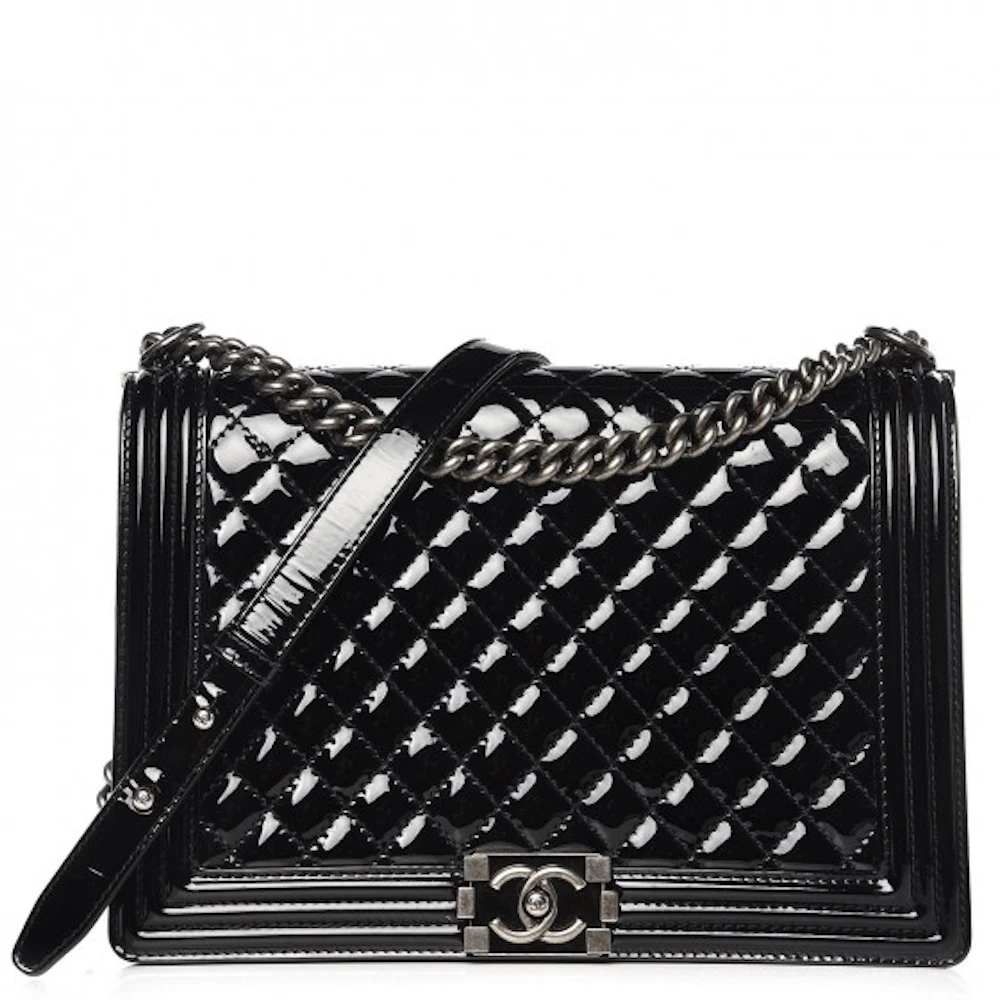Chanel Boy Flap Quilted Patent Leather Silver/Black-tone Large Black in Patent  Leather with Silver/Black-tone - US
