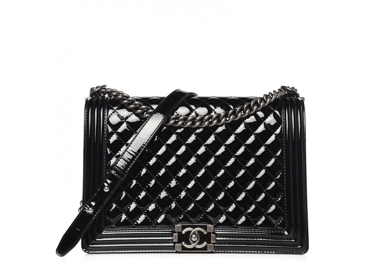Chanel Boy Flap Quilted Patent Leather Silver/Black-tone Large Black in  Patent Leather with Silver/Black-tone - US