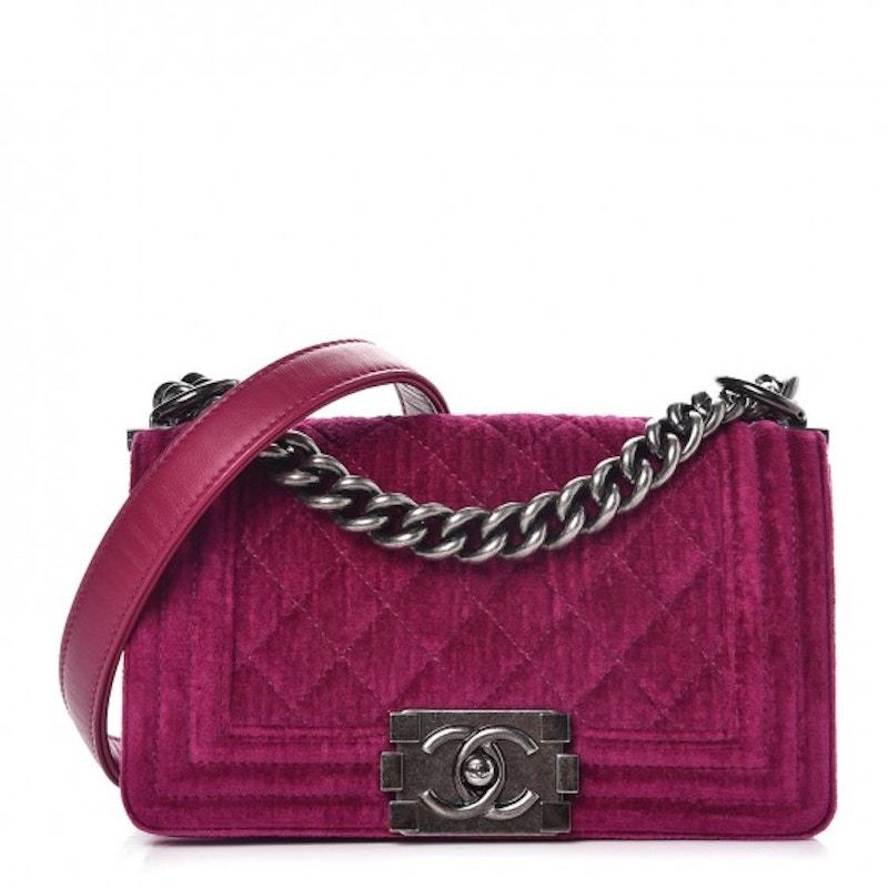 Chanel Boy Flap Quilted Velvet Ruthenium-tone Small Fuchsia