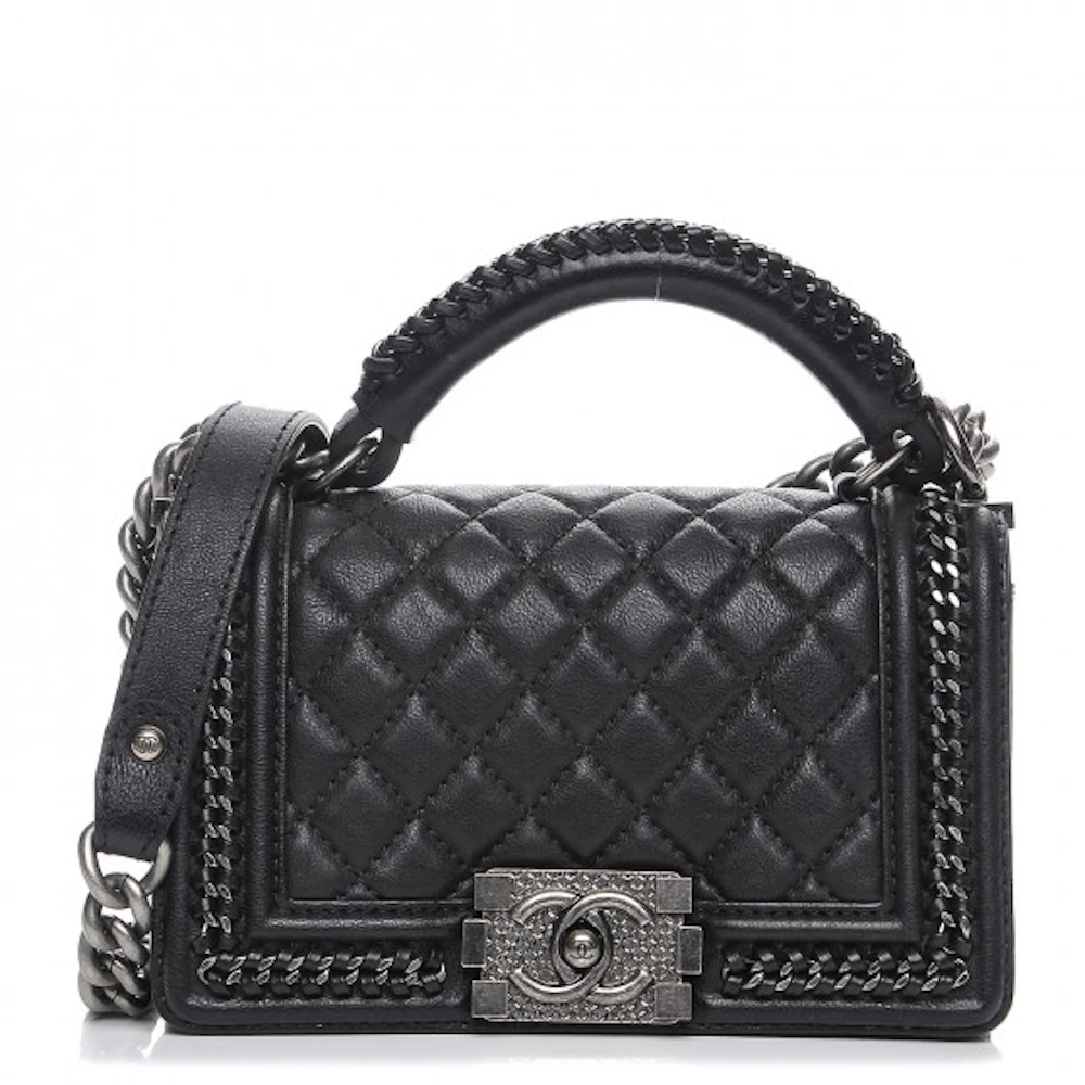Top Boy Bag Flap Diamond Quilted Small Black in Calfskin with Ruthenium - US
