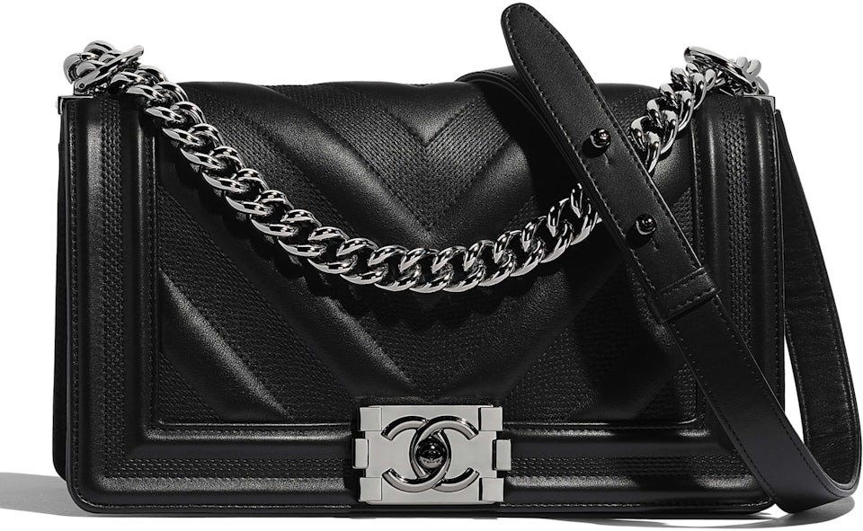 Chanel Boy Handbag Chevron Calfskin Ruthenium-tone Black in Calfskin with  Ruthenium-tone - US
