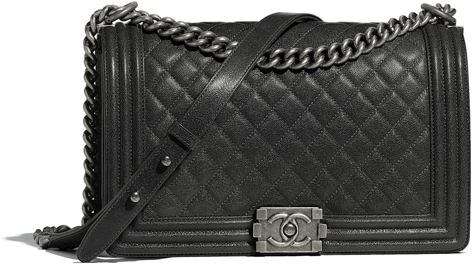 Chanel Boy Handbag Quilted Ruthenium-tone Large Charcoal in Grained  Calfskin with Ruthenium-tone - US